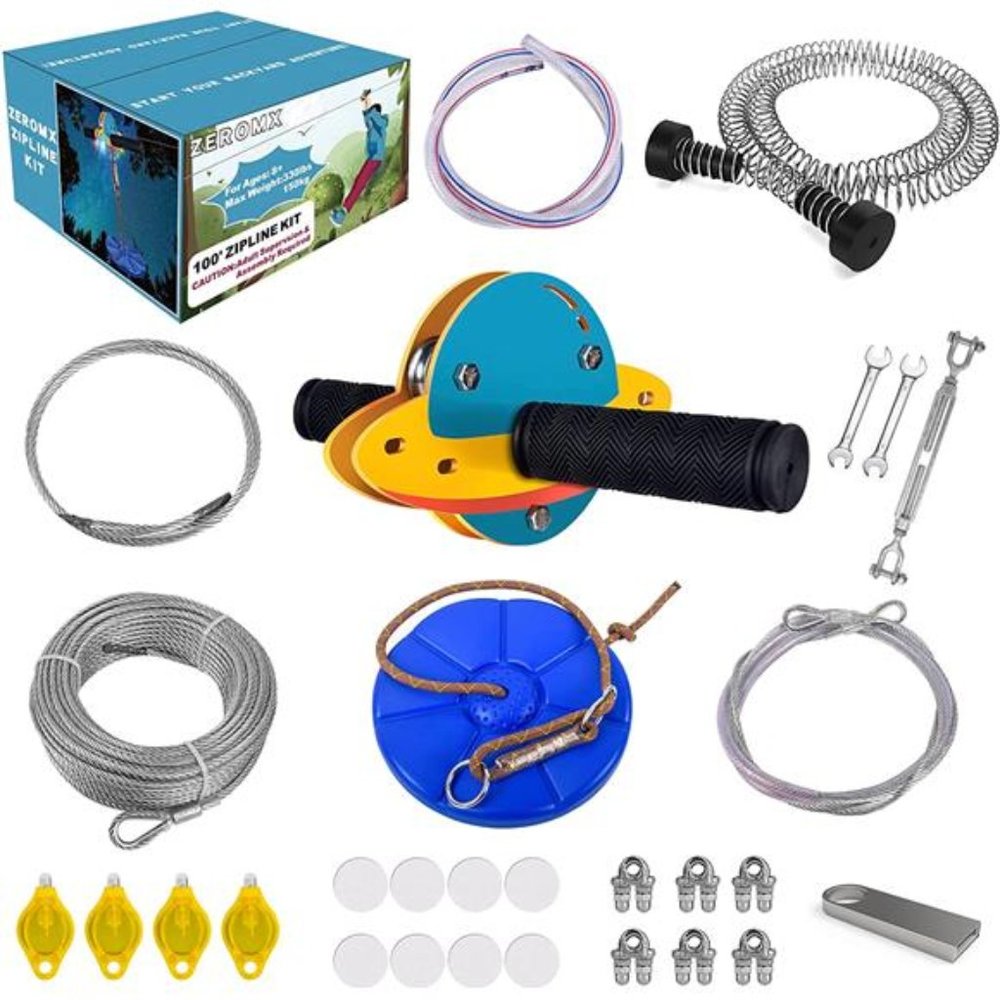 100FT Zip Lines for Kids and Adults Outdoor with UFO Light Up Zipline Trolley